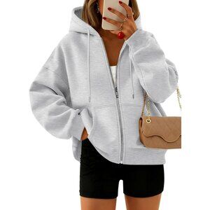 Women's Fashion Gray Sweatshirts Hoodies Trendy Zip Up Outfits Fleece Clothes